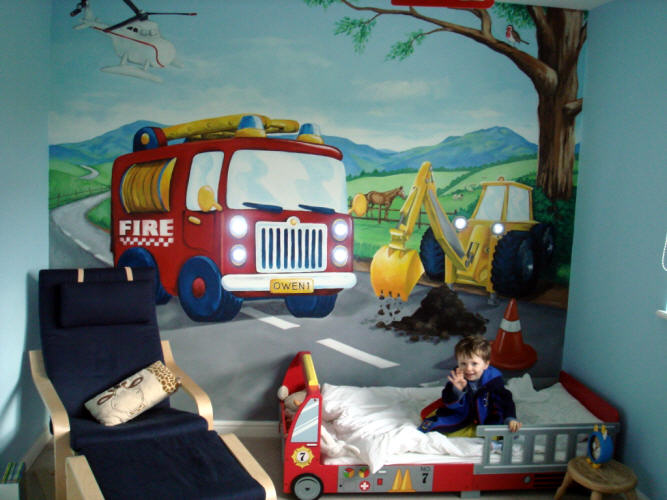 fire engines lorries mural